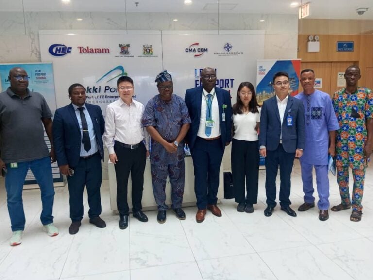 Aerial view of Lekki Deep Sea Port showing container terminals and vessels