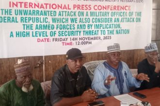 Retired Nigerian military veterans addressing a press conference in Kaduna