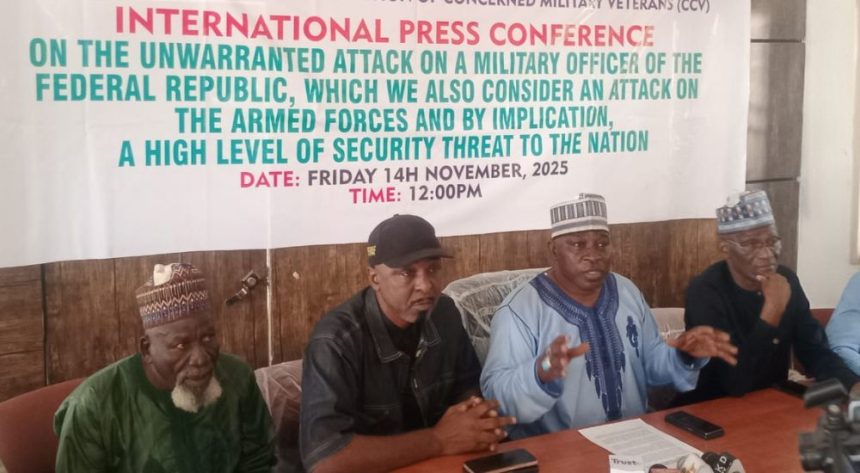 Retired Nigerian military veterans addressing a press conference in Kaduna